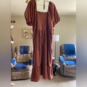 Terracotta Midi Puff Sleeve Dress